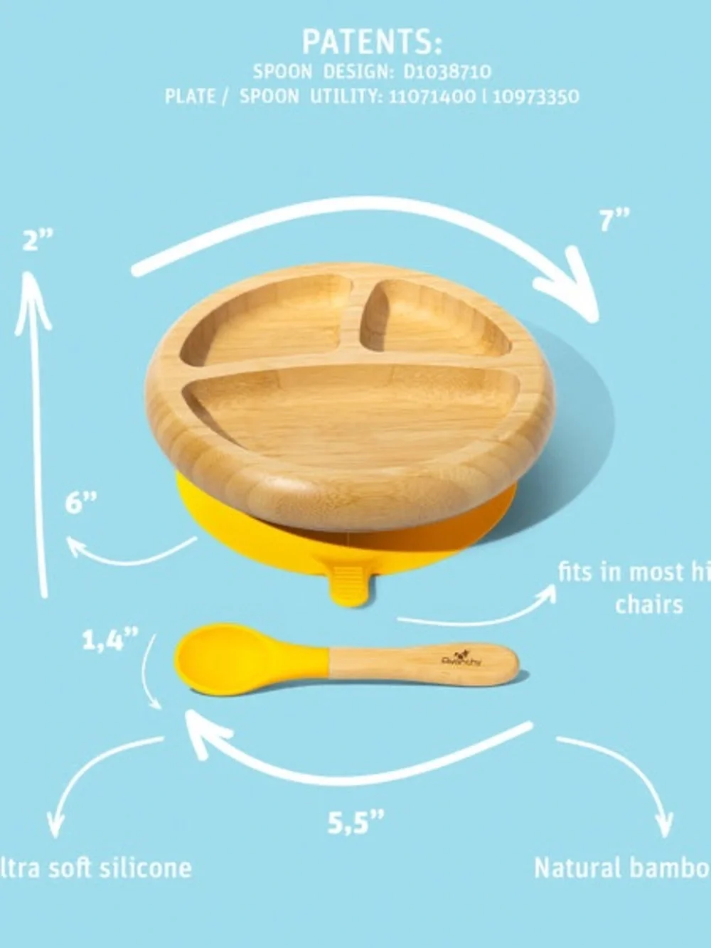 AVANCHY Bamboo Baby Divided Plate with Yellow Silicone Suction Base and Spoon